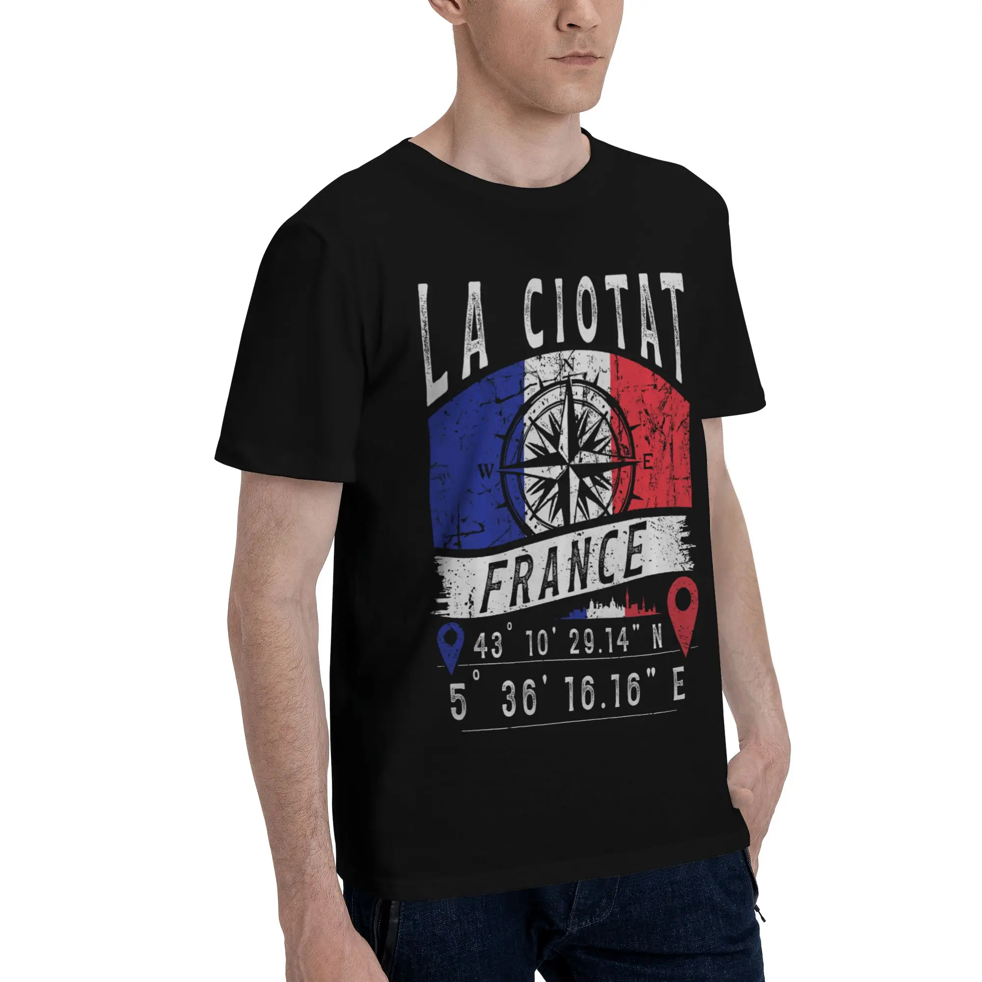GPS Coordinates of La Ciotat  Novelty 100% Cotton T-Shirt France Flag Tops Tees For Men