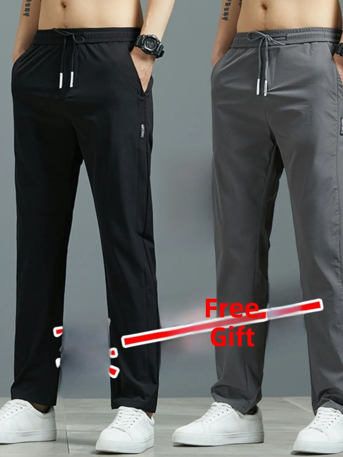 กางเกงลำลองผ้าไหมน้ำแข็งสำหรับผู้ชายฤดูร้อนบางสวมใส่ทนสปอร์กันฝุ่นหลวมกางเกงขายาวบลาเอวต่ำแนวโน้มเยาวชน