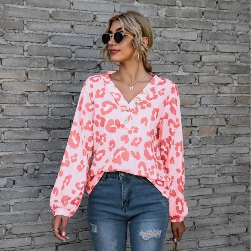 

Elegant Leopard Print Women T Shirt V-neck Top Fashion Print Long Sleeves Office Lady Blouse Y2K Spring Autumn Casual Street Tee