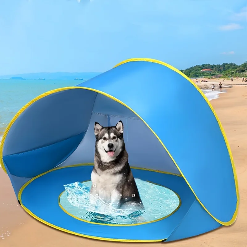 Large Foldable Kids Beach Play Tent with Water Pool Easy Setup Durable Polyester Portable for Outdoor Camping Blue Yellow Trim