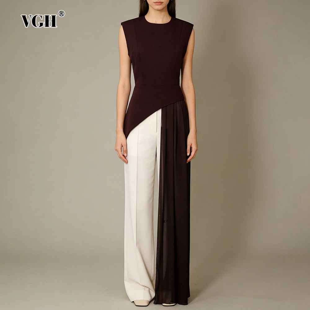 

VGH Office Elegant Spliced Zip Sleeveless Shirts for Women O Neck Irregular Hem Spliced Mesh Ribbon Minimalist Blouse Female New