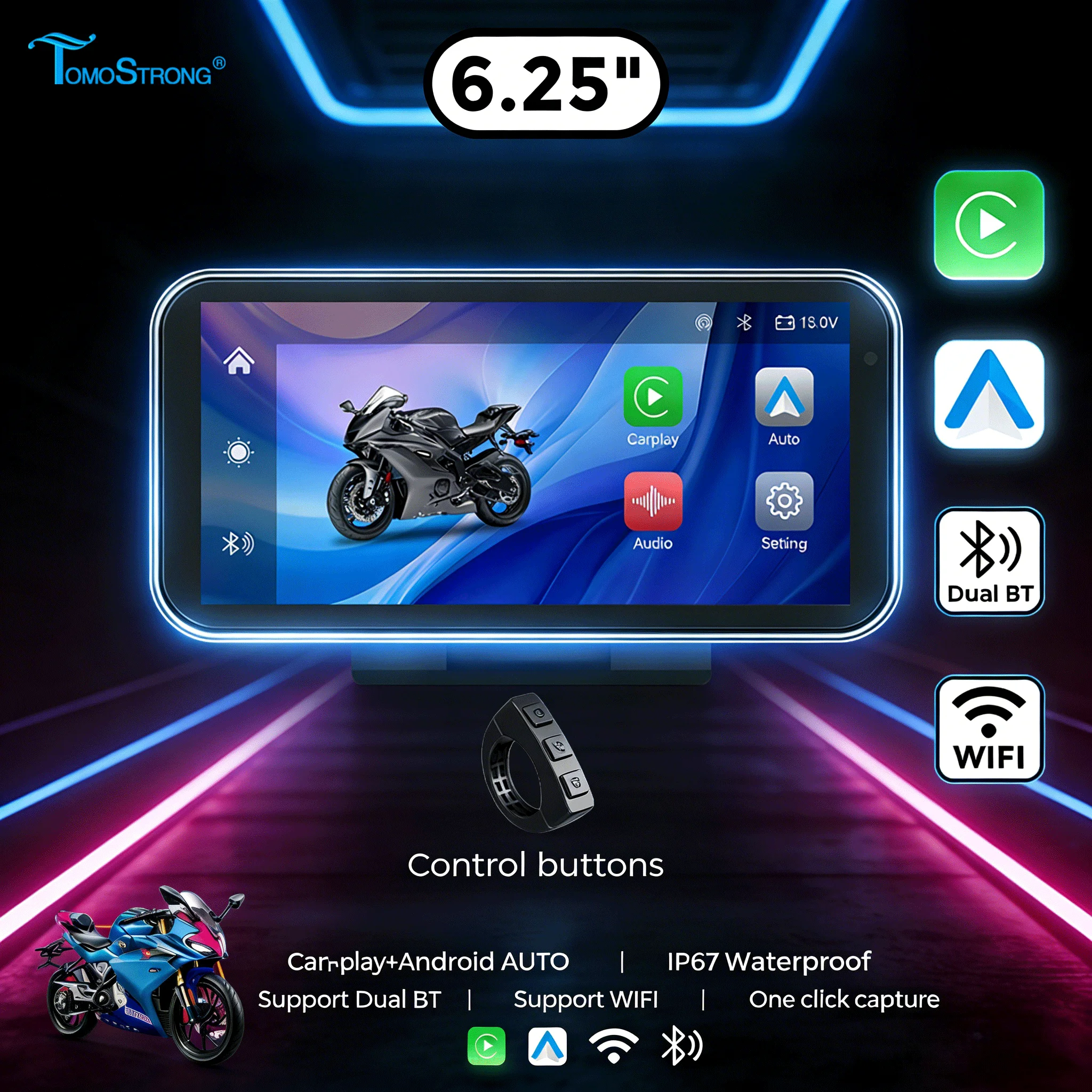 

Tomostrong 6.25-дюймовый сенсорный экран для мотоцикла с GPS, CarPlay, Android Auto, Bluetooth, водонепроницаемым пультом дистанционного управления и блокировкой экрана, универсальный.