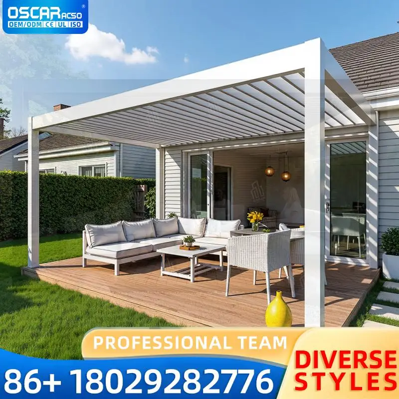 

Retractable Foldable Patio Gazebo Roof Modern Electric Motorized Louvered Shutter for Backyard Garden Poolside pergola