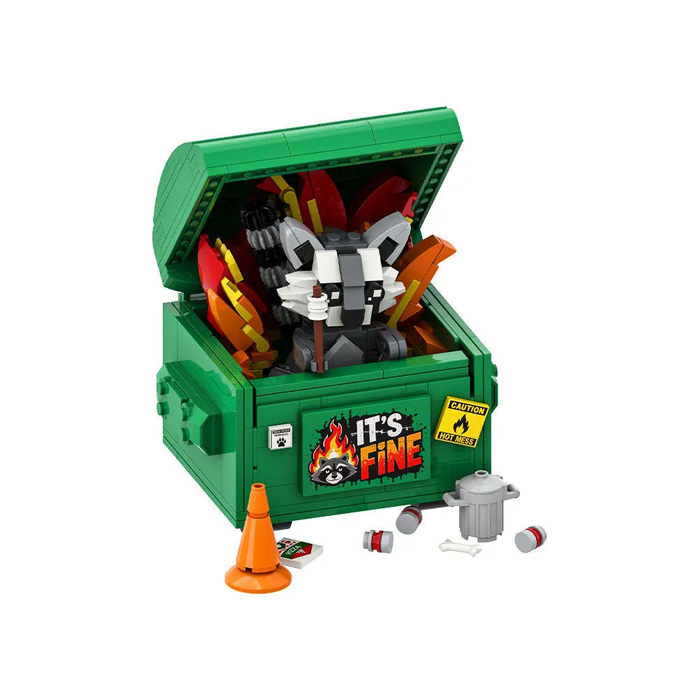 MOC Garbage Can Raccoon Building Blocks Kit Green Trash Can and The Burning Panda Creative Home Decor Toy Bricks Adult Gift