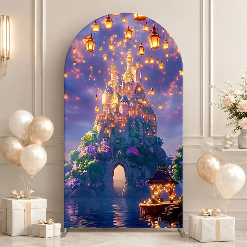 Single Side Arch Backdrop Cover Enchanted Castle Fantasy Background Cloth for Elegant Parties with Floating Lanterns and Flower