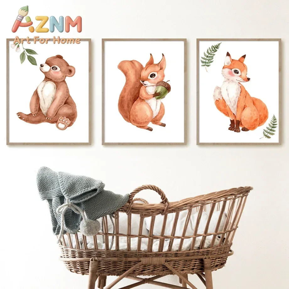 Watercolor Woodland Animal Nursery Wall Art Forest Creature Canvas Prints Cute Fox Bunny Posters Gender Neutral Baby Room Decor