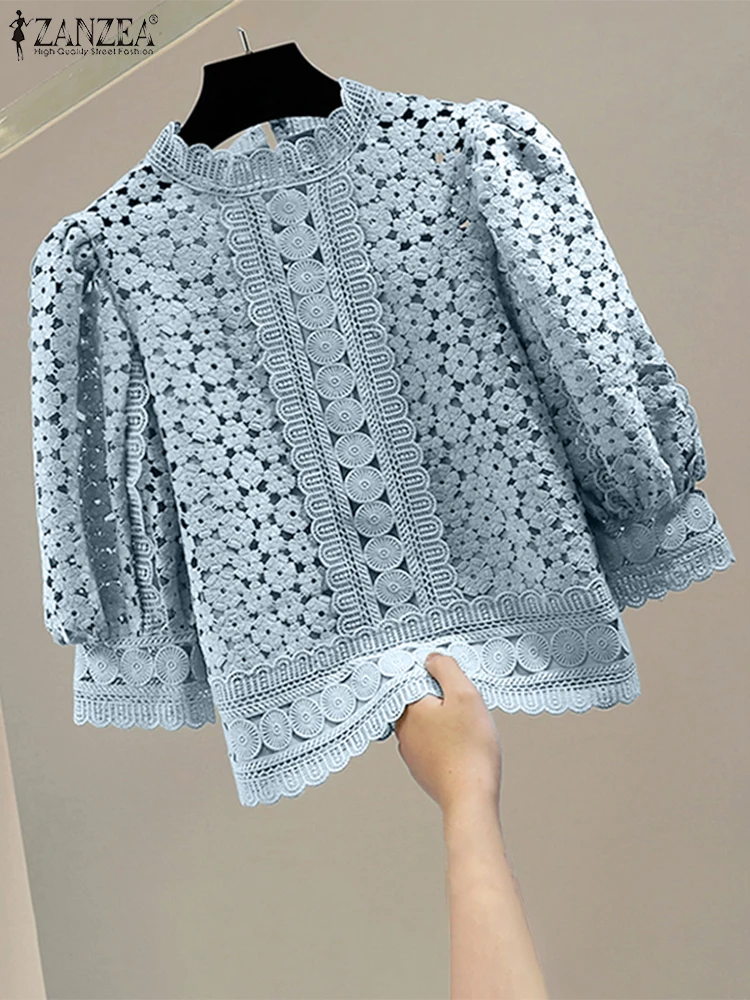เสื้อเชิ้ตผู้หญิง ZANZEA แขนพอง 3/4 ผ้าลูกไม้หรูหรา สีพื้น ทรงทูนิค คอลเลคชั่นฤดูใบไม้ร่วง 2025 คอทรงโอ ผ้าบางเบา สไตล์ลำลอง เหมาะสำหรับใส่ทำงาน