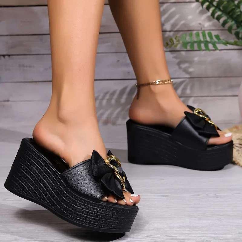 Women\'s Slippers Fashion Bow Decoration Women\'s Shoes 2024 Summer New Style Round Toe Thick Sole Wedge Beach Zapatillas Mujer