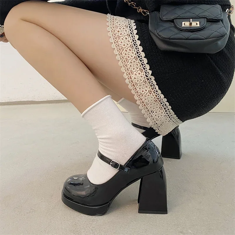 2024Mary Jane Shoes Women Retro British Style Hepburn Black High Heel One Word Buckle Thick Heel Square Head Single Shoes Women