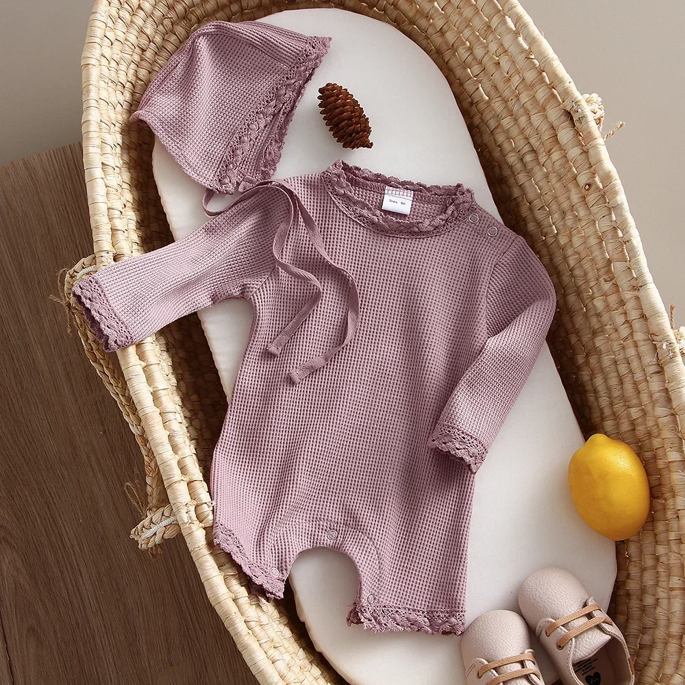 Cute One-piece For Baby Girls Waffle Lace Baby Girl Rompers With Hat Newborn Baby Girl Clothes