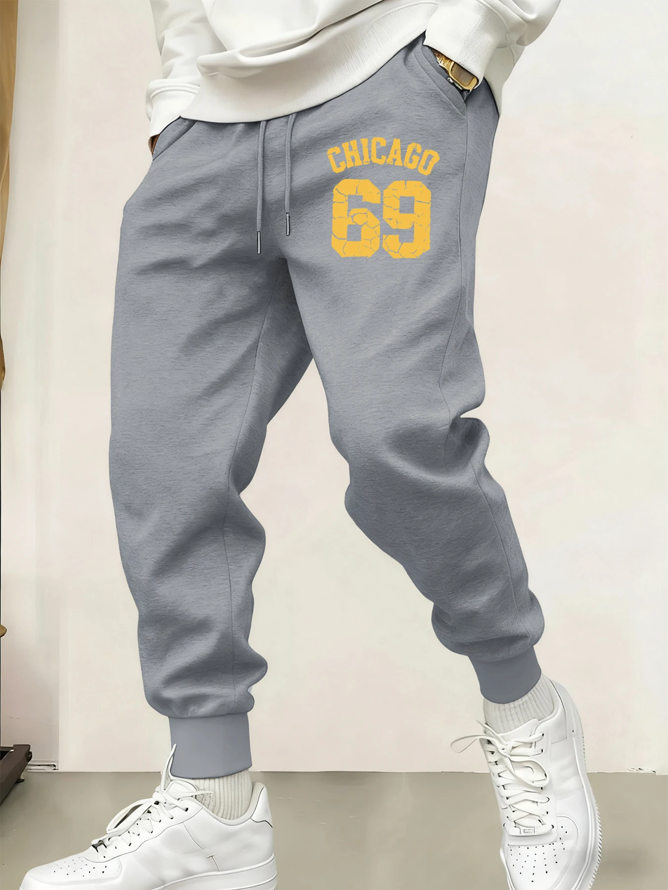 

Chicago Number 69 Creative Print Men Long Pants Trendy Street Trousers Drawstring Autumn Sweatpants Fleece Casual Jogging Pant