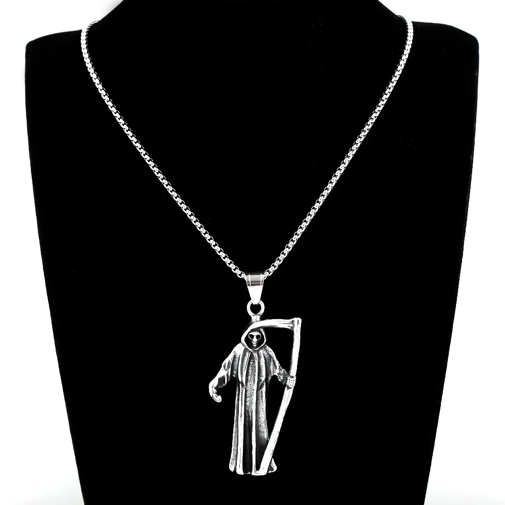 Heiliger Santa Muerte Totenkopf-Anhänger Halskette für Männer und Frauen aus Edelstahl Hip-Hop Herren-Kettenhalsband Schmuck – Detail 6