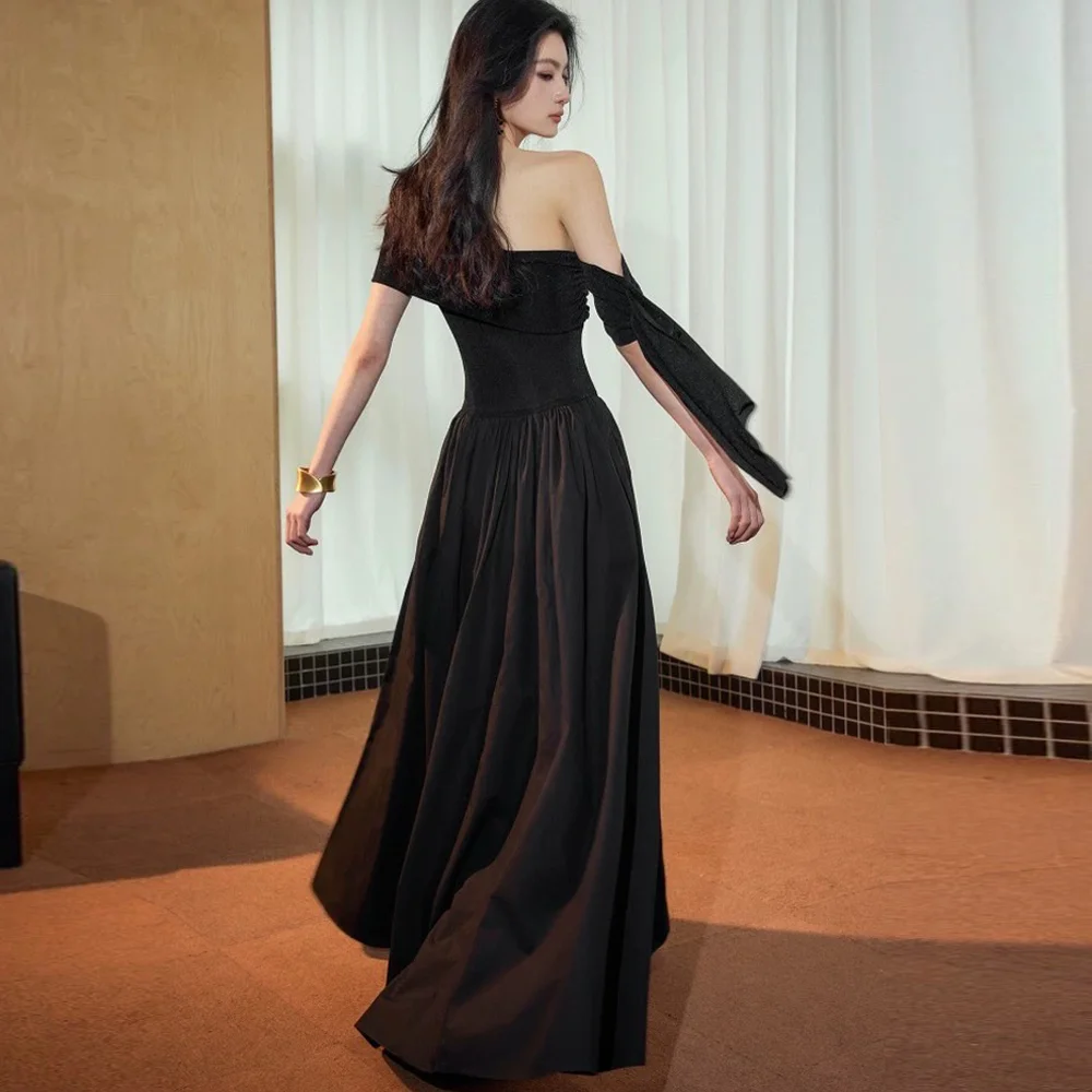 Robe de soirée élégante en Satin noir, ligne a, personnalisée, manches courtes, robes de soirée de haute qualité, longueur au sol, robes d'occasion sur mesure