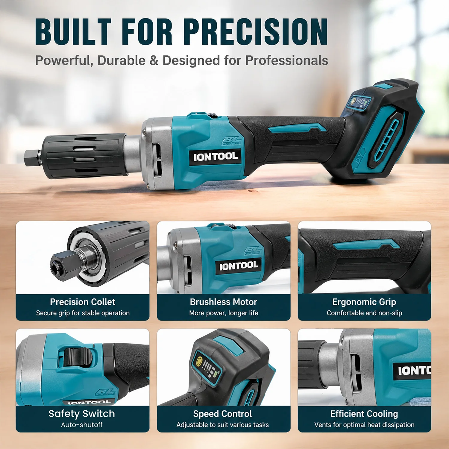 IONTOOL 6mm Collet Brushless Cordless Die Grinder 450W Variable Speed for Detail Sanding and Edge Finishing Processing Bare Unit