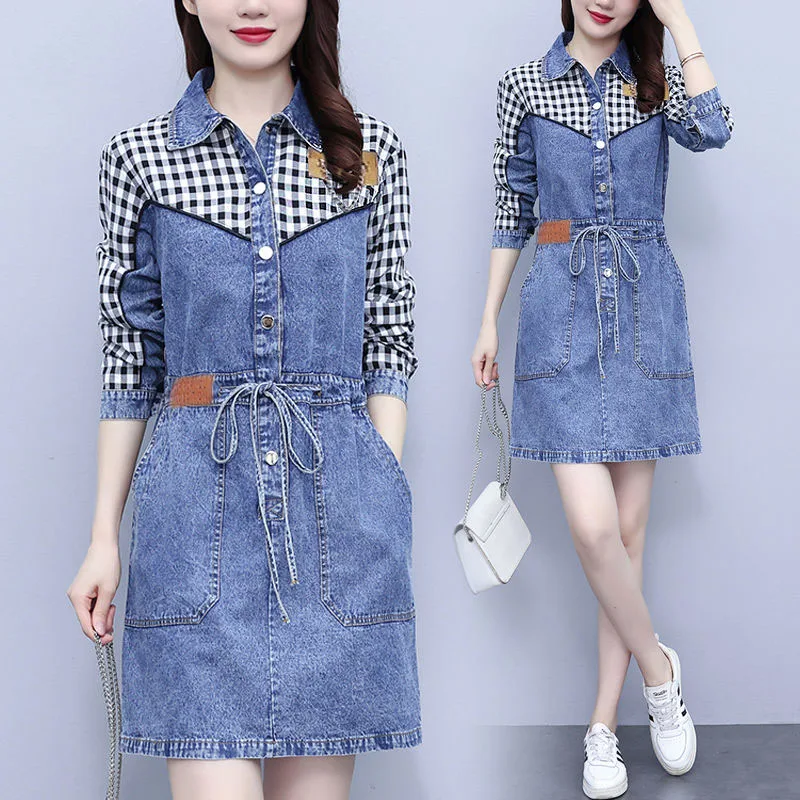 New Women's Plaid T-Shirt Denim Dress Spring Autumn Loose Casual Long-Sleeved Dresses Long Oversized Fashion Female Dresses 5XL