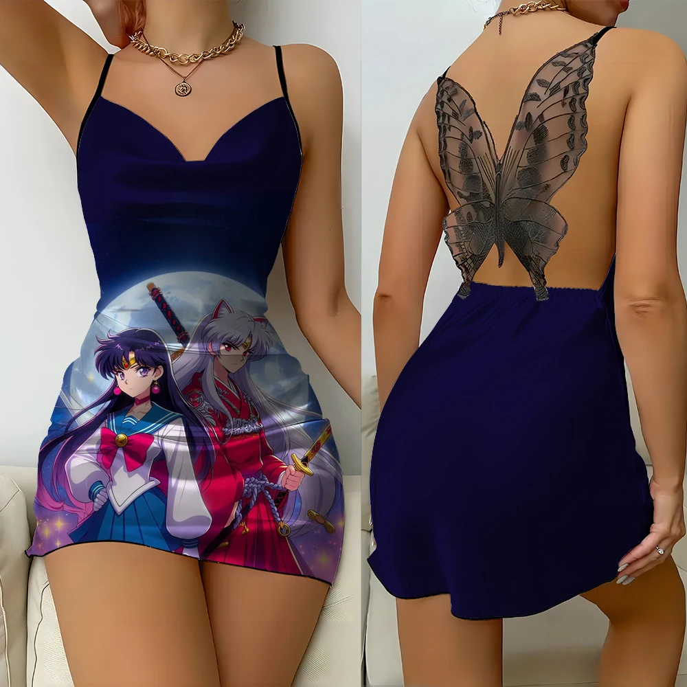 

Satin slim waist cute cartoon Inuyasha print butterfly lace backless suspender nightdress home leisure and comfort