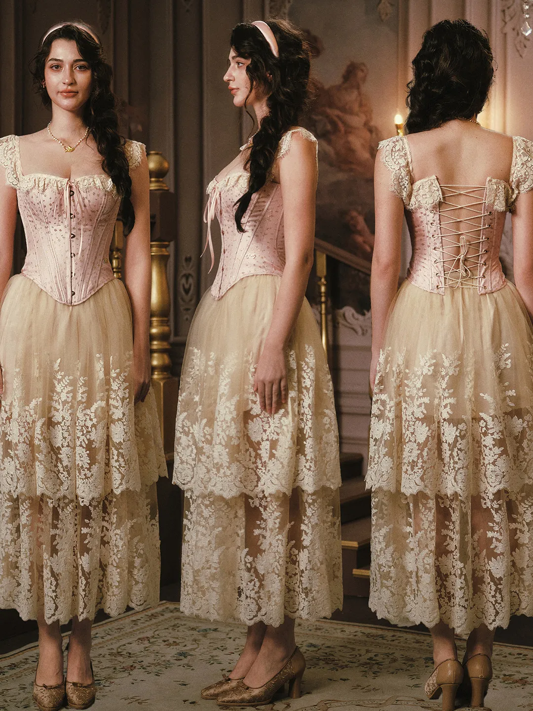 Lace Up Pink Tops Sleeve Lace Patchwork Lace Mesh Skirts For Women Long Maxi Skirt And Tops 2 Pcs Sets Embroidery 2026 New