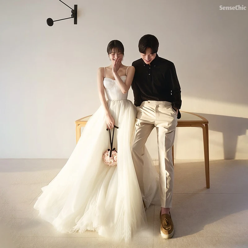 Vestidos de boda sencillos con forma de corazón, sesión de fotos de tul, corsé sin mangas de Corea, vestido de novia con tirantes finos personalizado