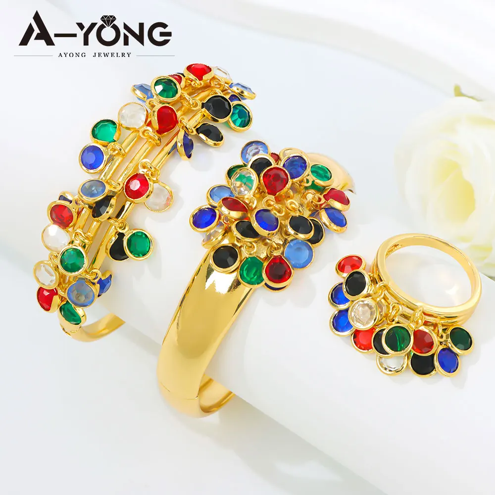 Ethiopia Bridal Wedding Jewelry Set 21k Gold Platedc Colored Zirconia Open Bangles Ring Arabic Women Boho Vintage Jewelrys