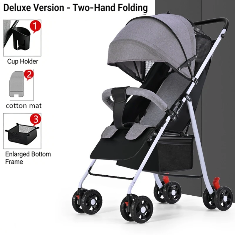 

Легкая детская коляска с компактным складыванием, многофункциональным регулированием наклона, зонтичным дизайном, большим отсеком для хранения и подстаканником.