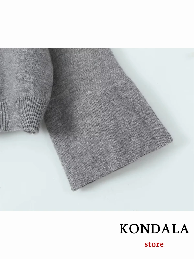 KONDALA Chic Solid Grey Long Flare Sleeve Women Sweater Fashion 2023 Winter Town-down Collar Oversized Pullover Vintage Knitwear