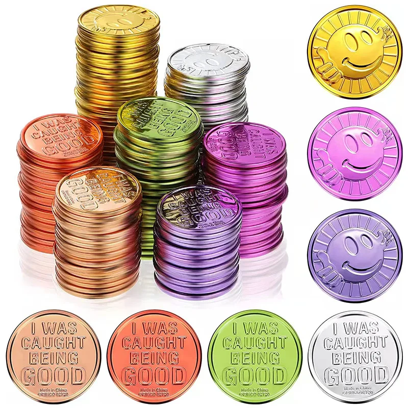 200 Uds. De monedas capturadas de ser buenas, decoración para fiestas, caza de Halloween, moneda pirata, ficha de estrella sonriente de plástico de colores, recompensas para el aula