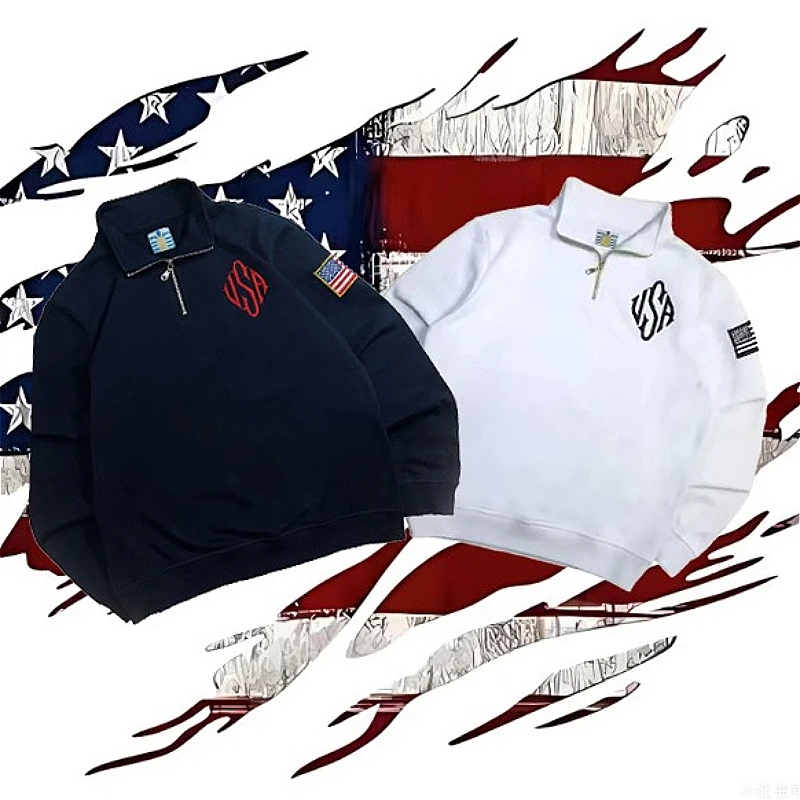 Bluza z kapturem w stylu Y2K, vintage, casual, z haftowanym logo USA i naszywką z flagą, rozpinana na zamek 1/4, modna, niszowa, streetwearowa kurtka z długim rękawem.