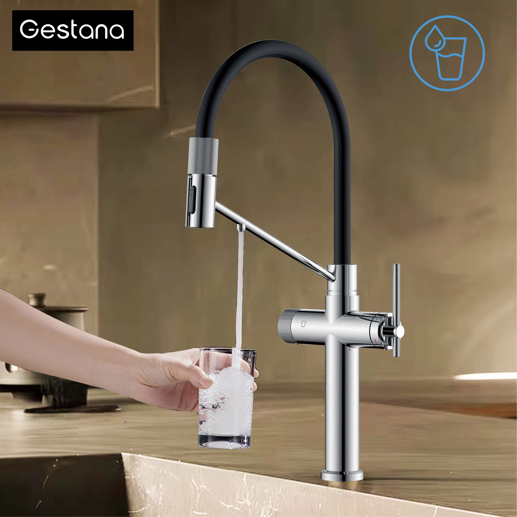 

Modern chrome brass pull-out hot and cold water single hole kitchen faucet luxury 2 function drinking water mode sink faucet