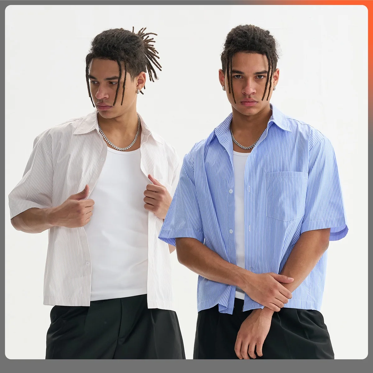 Men's Summer Oversized Formal Shirts Button Up Cropped Dress Short Sleeve Custom Logo Striped Office Work Clothes Top