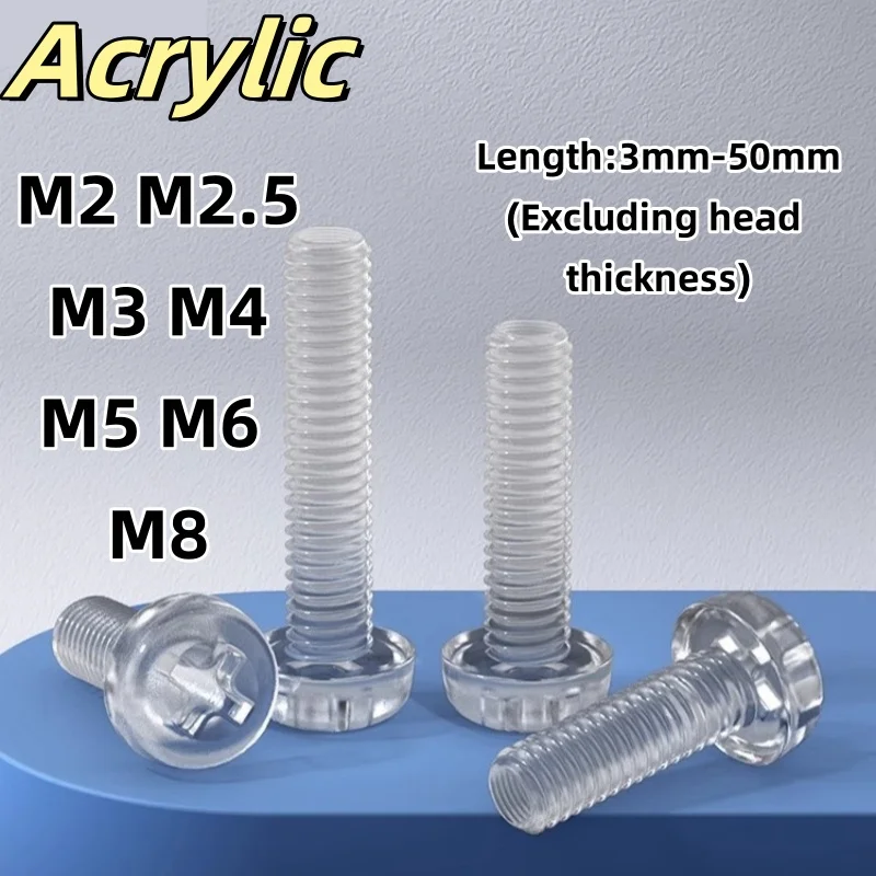 M2 M2.5 M3 M4 M5 M6 M8 Metric Acrylic Clear Screw Bolt Round Head Phillips Screw Plastic Acrylic Insulated Fixing Cross Screws