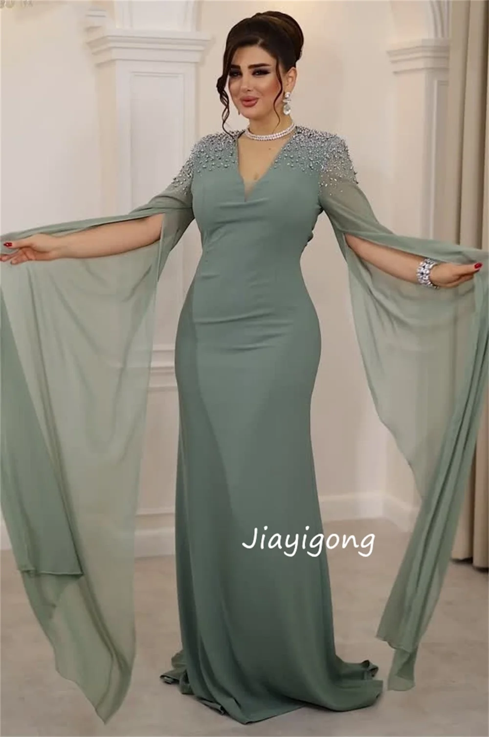 Customized Formal Jersey Sequined Pleat Straight V-neck Long Luxury Party Dresses Chinese Style High Quality