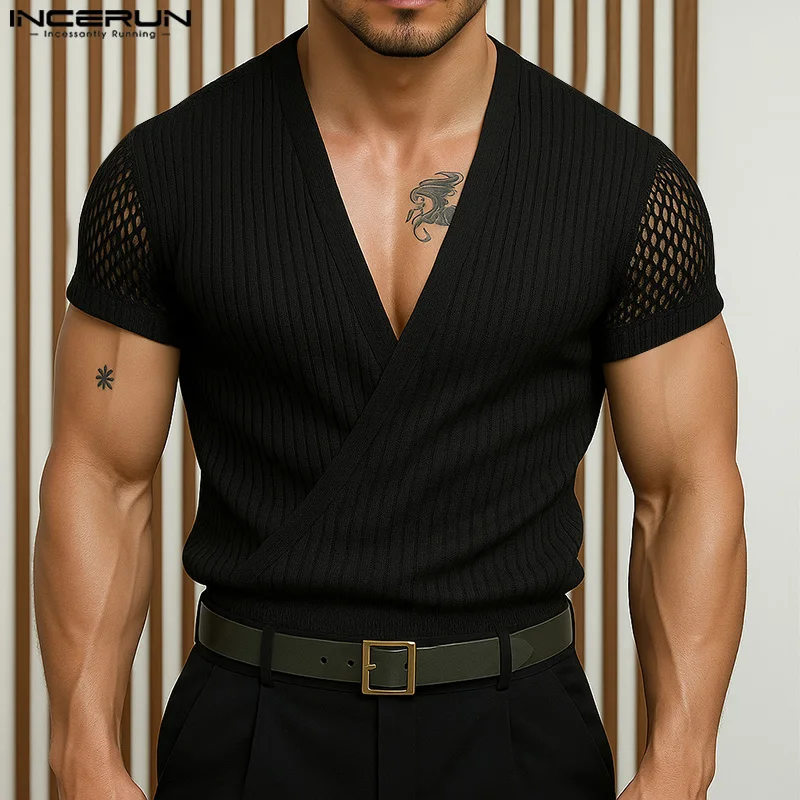 

INCERUN Men's T Shirt Mesh Patchwork Deep V Neck Short Sleeve Male Tee Tops Summer 2025 Fashion Casual Men Clothing Streetwear