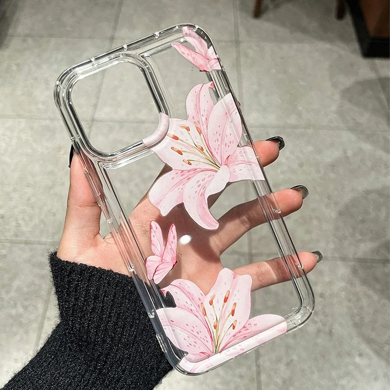 Чехол для iPhone 16, 15, 14, 13, 12, 11 Pro Max, прозрачный чехол с цветочным узором для iPhone 16e XS XR X 7 8 Plus Funda