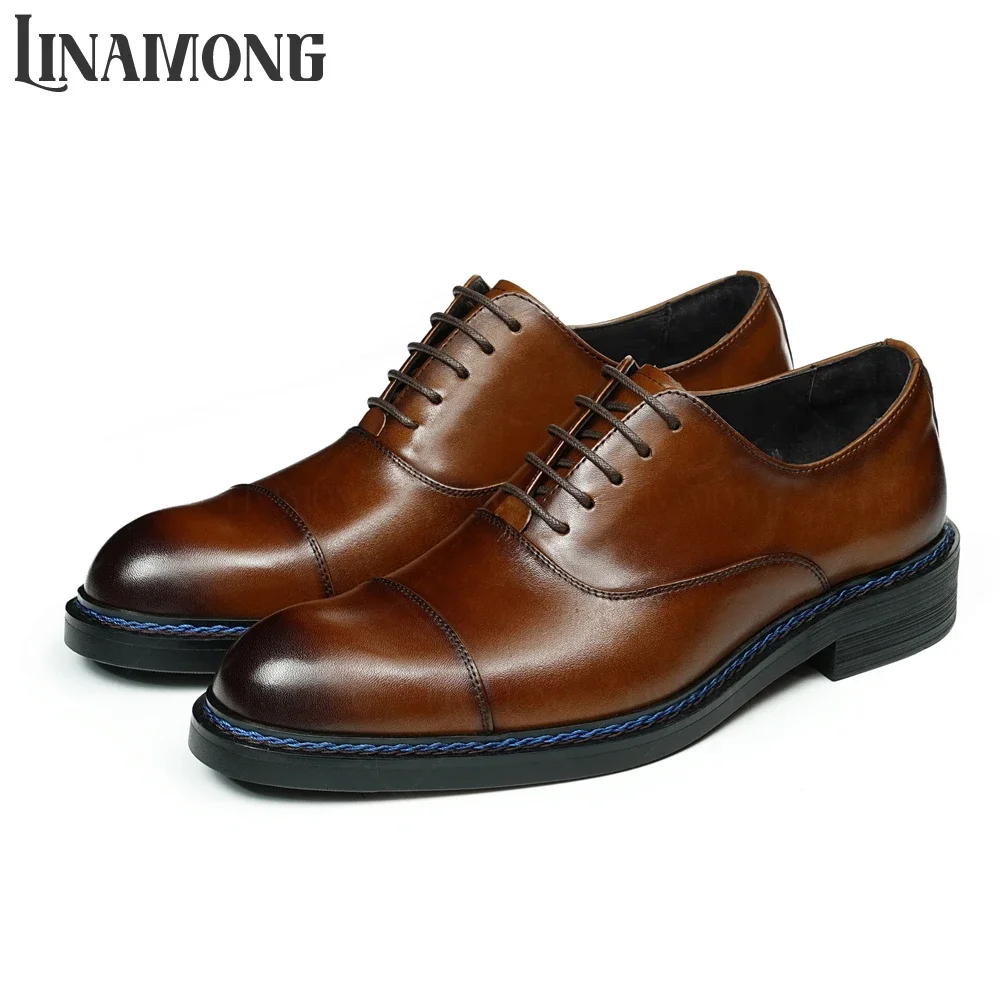 

Черно-коричневые полированные туфли из натуральной кожи на шнуровке, деловые туфли в дизайнерском стиле, с круглым носком, ручной работы, оксфорды для мужчин