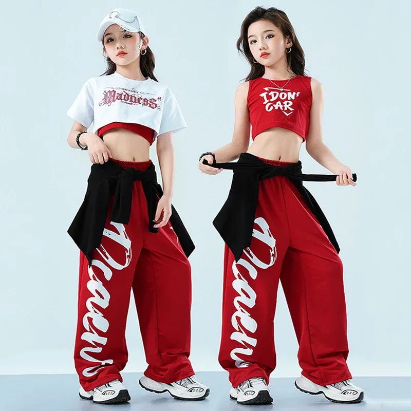 

Kid Hip Hop Street Dance Outfit Girl Jazz Performance Wear Red Crop Tops Black Shuffle Pants Modern Urban Dance Costume