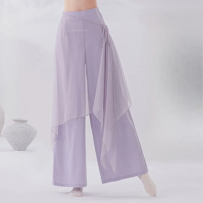 Women Modern Dance Pants Flowy Chiffon Wide Leg Pants Lace-up Design Classical Chinese Dance Training Trousers Shaping Dancewear