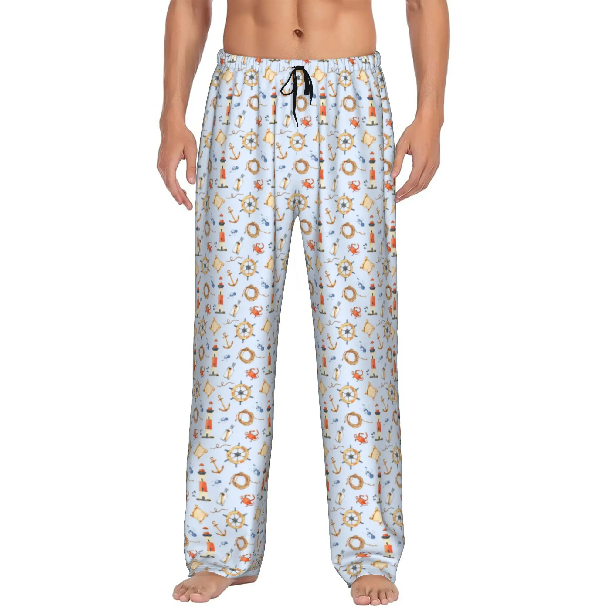 Custom Men's Nautical Pattern Wallpaper Pajama Pants Print  Sleep Sleepwear Bottoms with Pockets