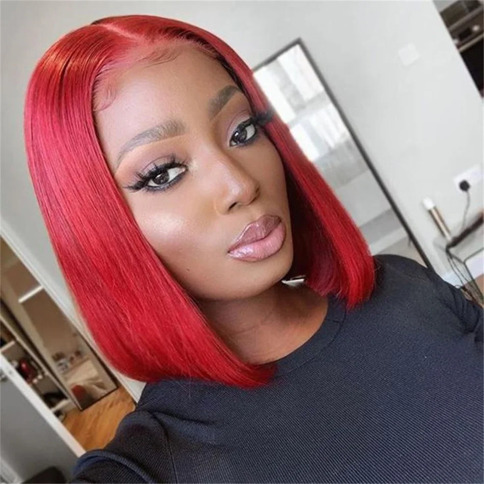 Hot Red Colored Transparent Short Bob Human Hair Wigs Peruvian Red Straight 13x4 Lace Front Wig For Women PrePlucked Wigs Sale