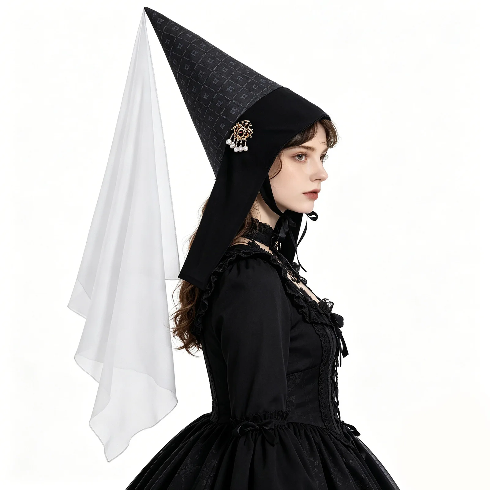 

Medieval Henning Hat with Veil Women's Headwear Renaissance Halloween Role-playing Costume Accessories Chinese Production