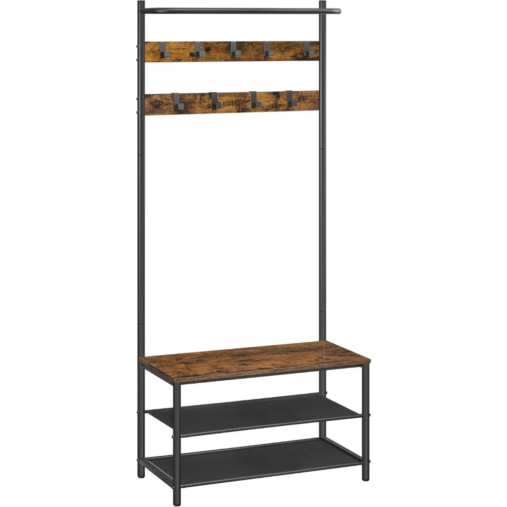 

Hall Tree with Bench and Shoe Storage, Entryway Bench with Coat Rack Stand and Shoe Rack, 9 Movable Hooks, Top Bar