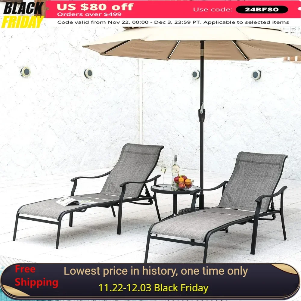

Outdoor Chaise, with Glass Coffee Table, Chaise Lounge for Patio Backyard Poolside, OutdoorGardens Loungers