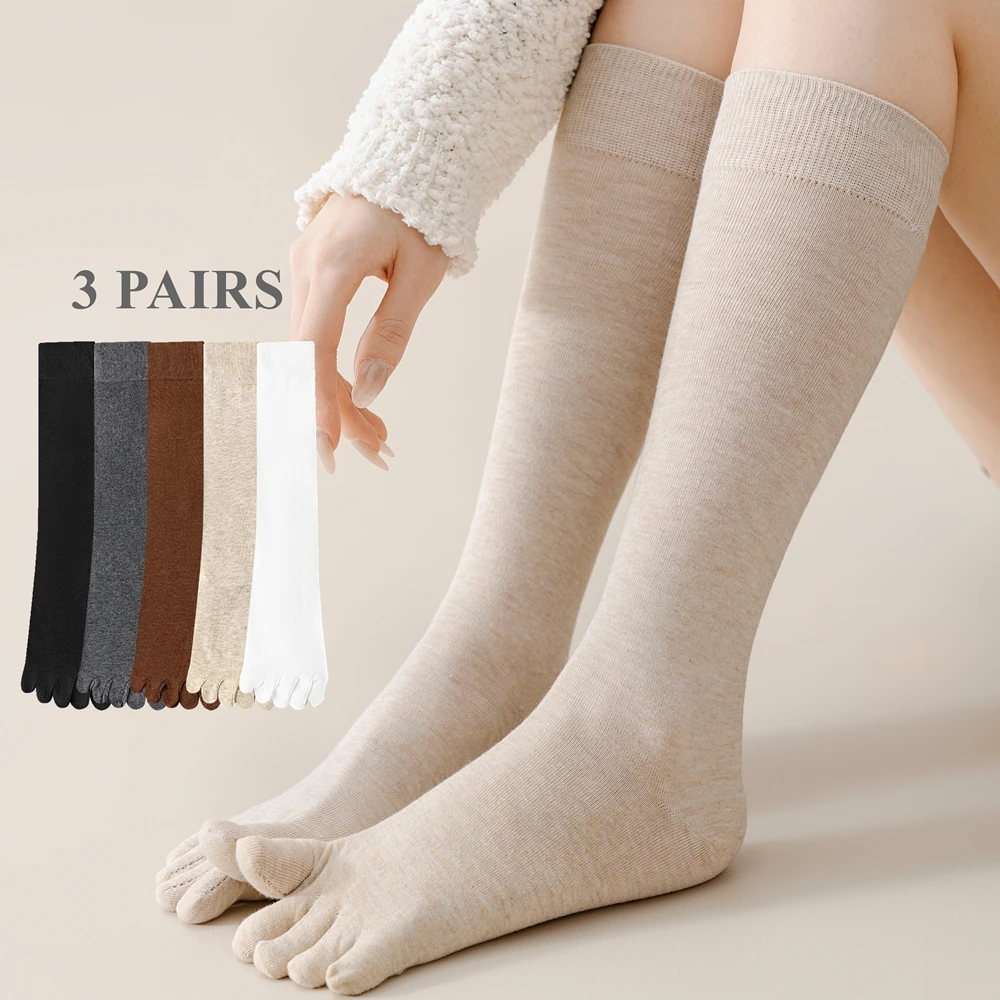

3 Pairs High Quality Cotton Toe Socks Women Calf Socks Spring Autumn Ladies Stocking High Tube Five Finger Socks Solid