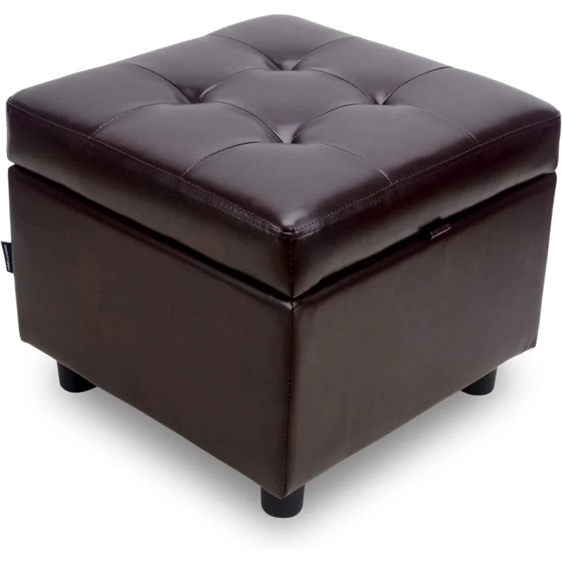 H&B Luxuries Tufted Leather Square Flip Top Storage Ottoman Cube Foot Rest (Brown with Storage)