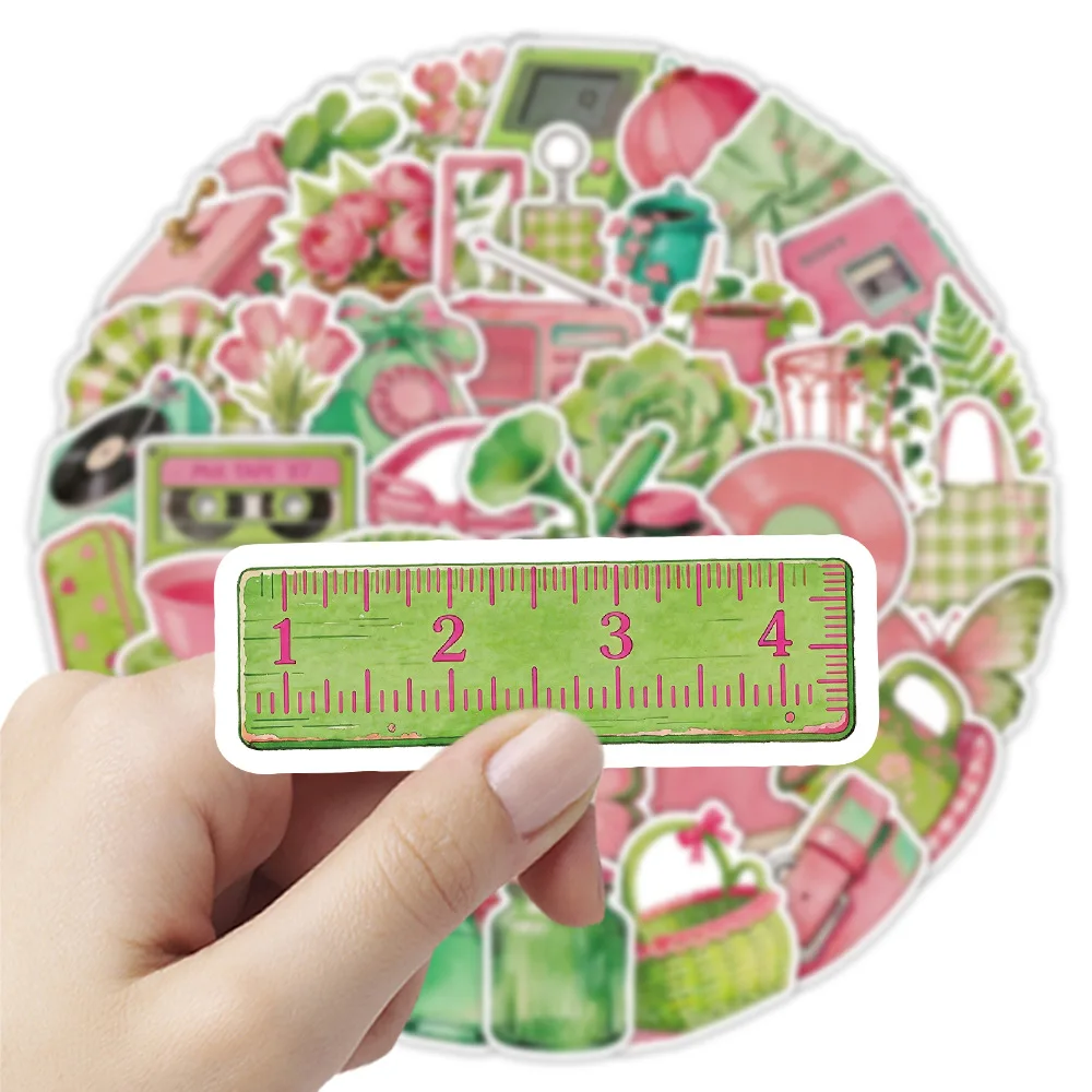 50PCS Pink And Green Color Small Object Stickers Ins Style DIY Handbook Stickers Mobile Phone Decoration Waterproof Stickers