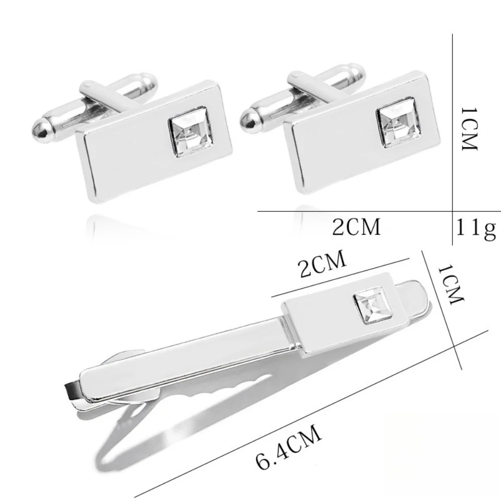 Simple Square Diamond Studded Cufflinks and Tie Clip Set Business Men's Accessories Decorative Sleeve Studs for Suit Shirts