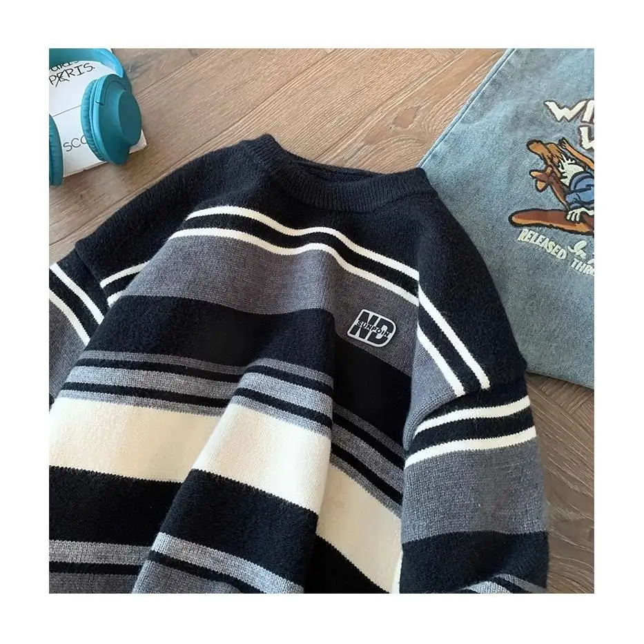 

Модный мужской осенне-зимний полосатый цветной трикотаж, свободный круглый пуловер Ne, винтажная верхняя одежда, повседневная одежда из пряжи irt