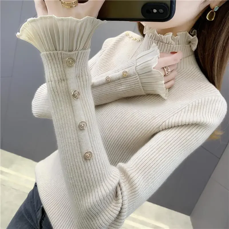 

Fashion Solid Color Spliced Princess Sleeve Ruffles Sweater Women Clothing Autumn New Casual Pullovers All-match Sweet Tops N274