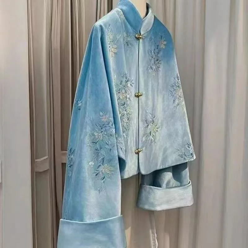 Chinese Style Blue Embroidered Velvet Jacket Women Autumn New Tang Style Collar Buckle Reduced Age Female Coat