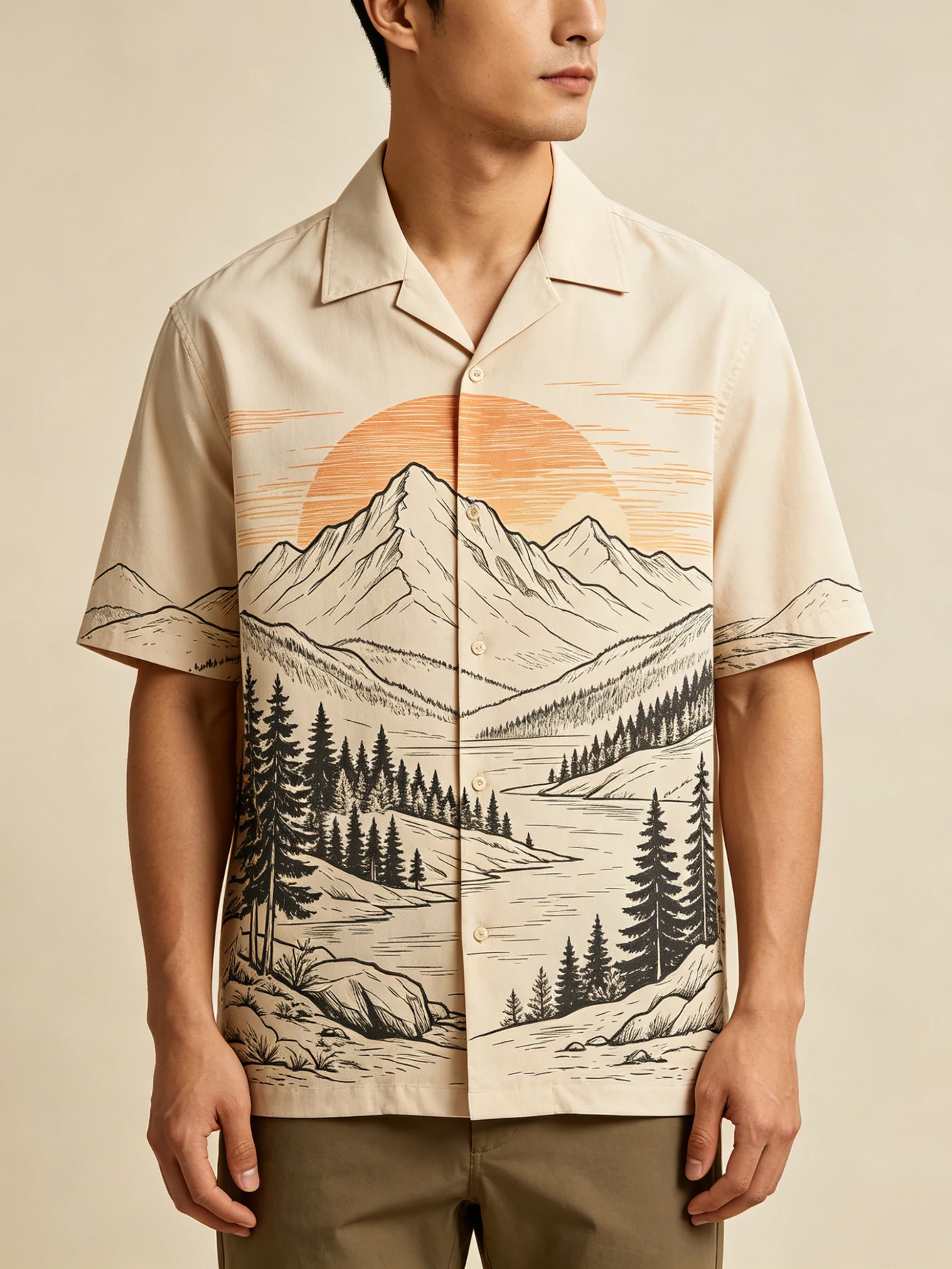 Men Cuban Collar Short Sleeve Shirt Vintage Line Drawing Mountain Lake Sunset Landscape Front Print Button Down Shirt Outdoor Na