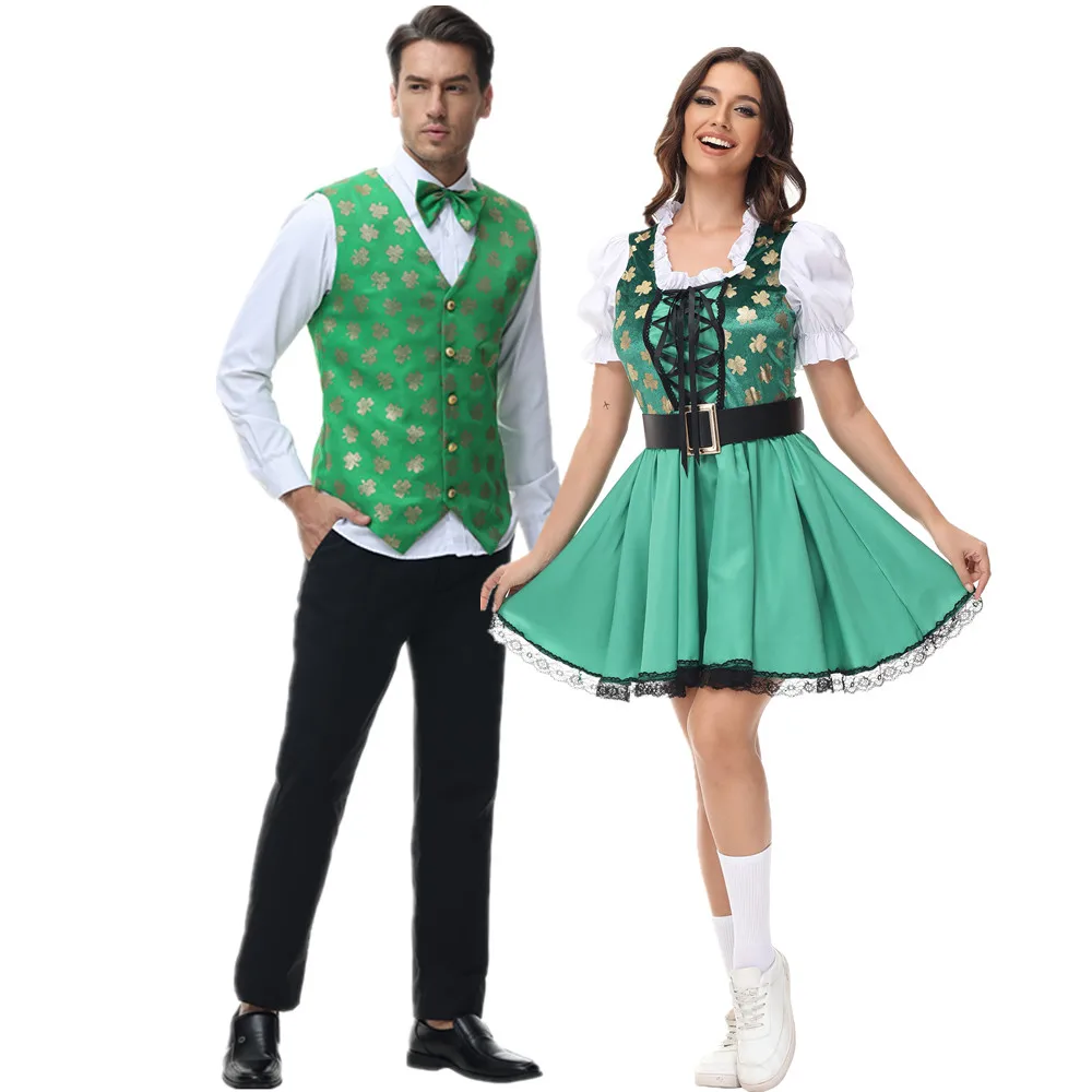 Halloween St. Patrick\'s Day Irish Lucky Clover Goblin Couple Costume Germany Oktoberfest Bavarian Beer Girl Maid Cosplay Dress